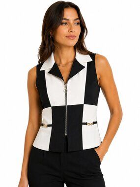 Vintage Erica USA Black White Colorblock Zip Front Sleeveless Blouse Vest Top